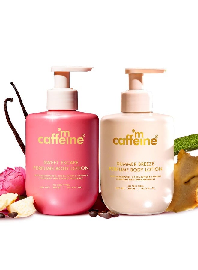 إم كافيين مجموعة لوشن الجسم المعطر من إم كافيين - سويت إسكيب ونسيم الصيف | نياسيناميد، كاكاو وزبدة الشيا | ترطيب عميق للبشرة الجافة في الشتاء | لوشن جسم خفيف الوزن وغير لزج للاستخدام اليومي | هدية سانتا السرية للنساء/الرجال | عيد الميلاد | رائحة الفواكه والماء - 300 مل × 2 - Image 1